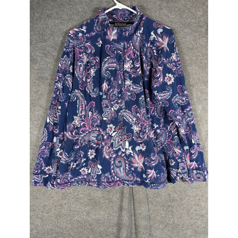 T by Talbots Womens XL Blue Paisley Snap Neck Pullover Top UPF 50+ Long Sleeve